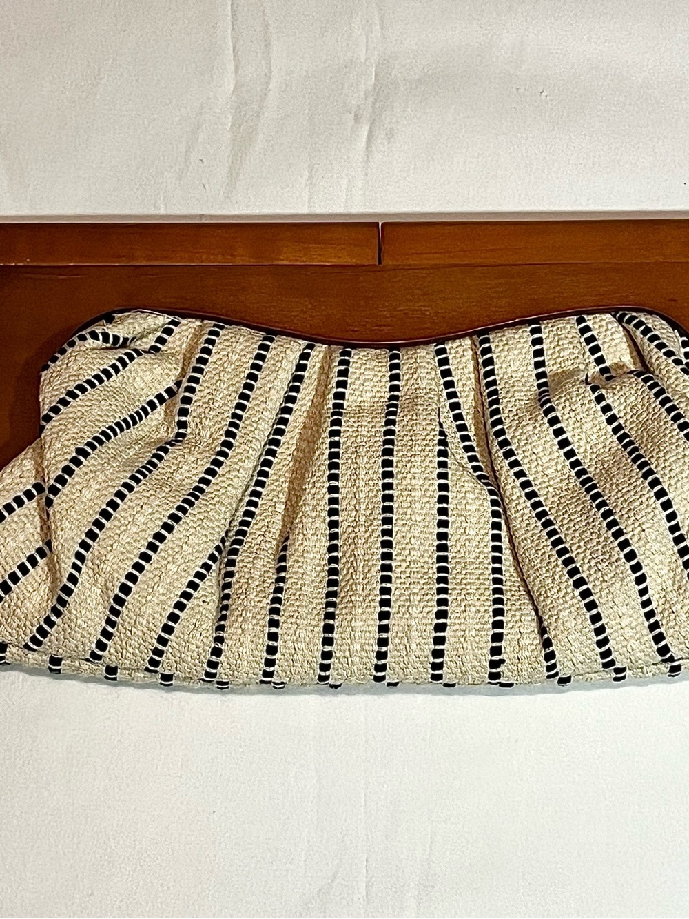 Cream and Black Striped Woven Clutch with Wooden Handle
